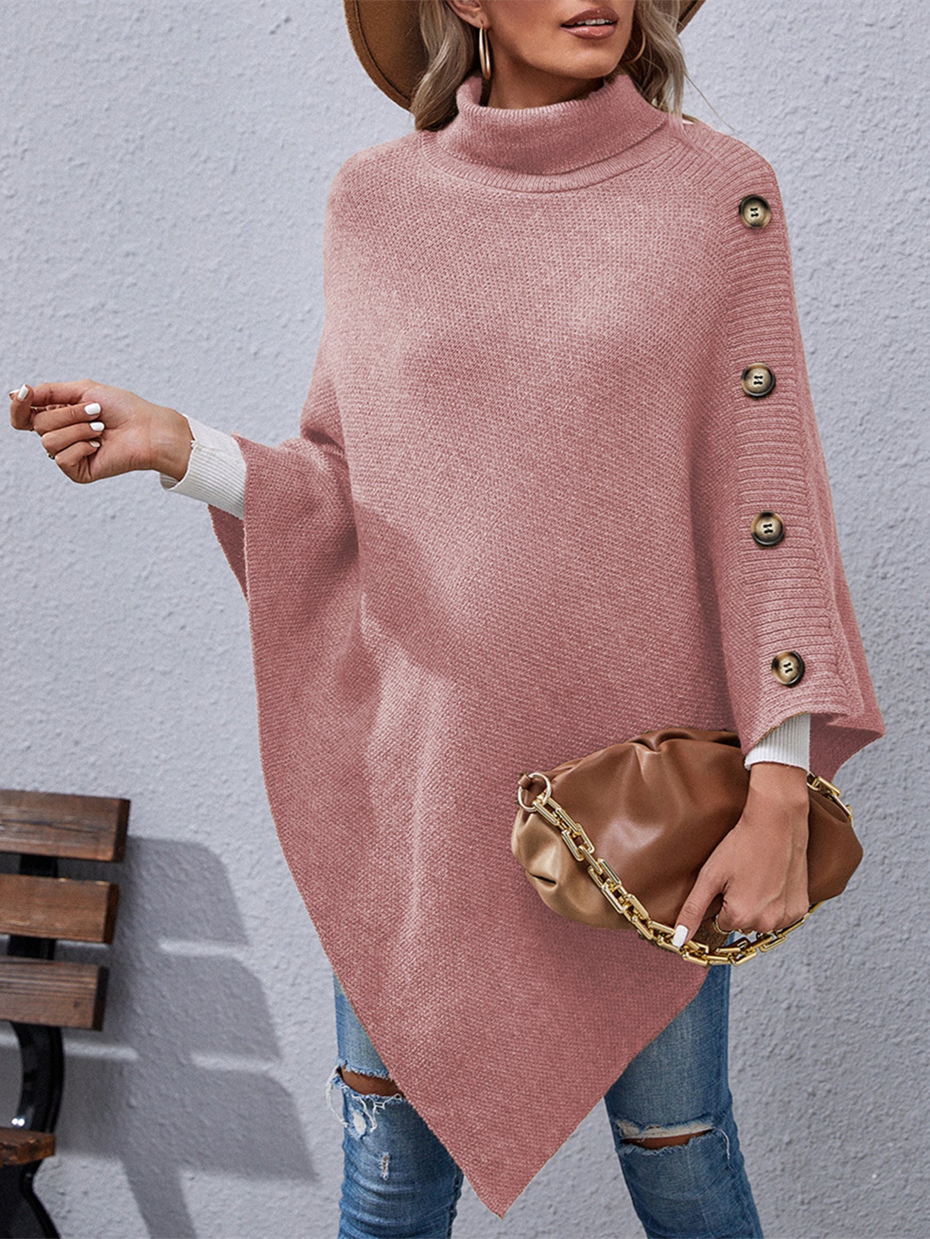 Autumn And Winter New Button High Collar Irregular Sweater Cape Women