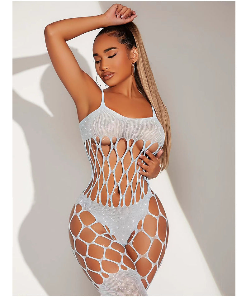 Sexy Hollow Hook Mesh  Hot Rhinestone One-piece Sexy Lingerie