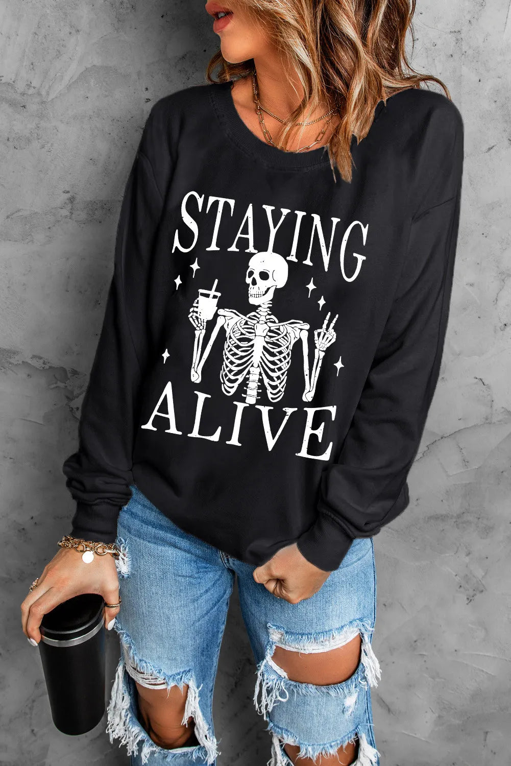 Sweat-shirt à manches longues et col rond avec motif tête de mort