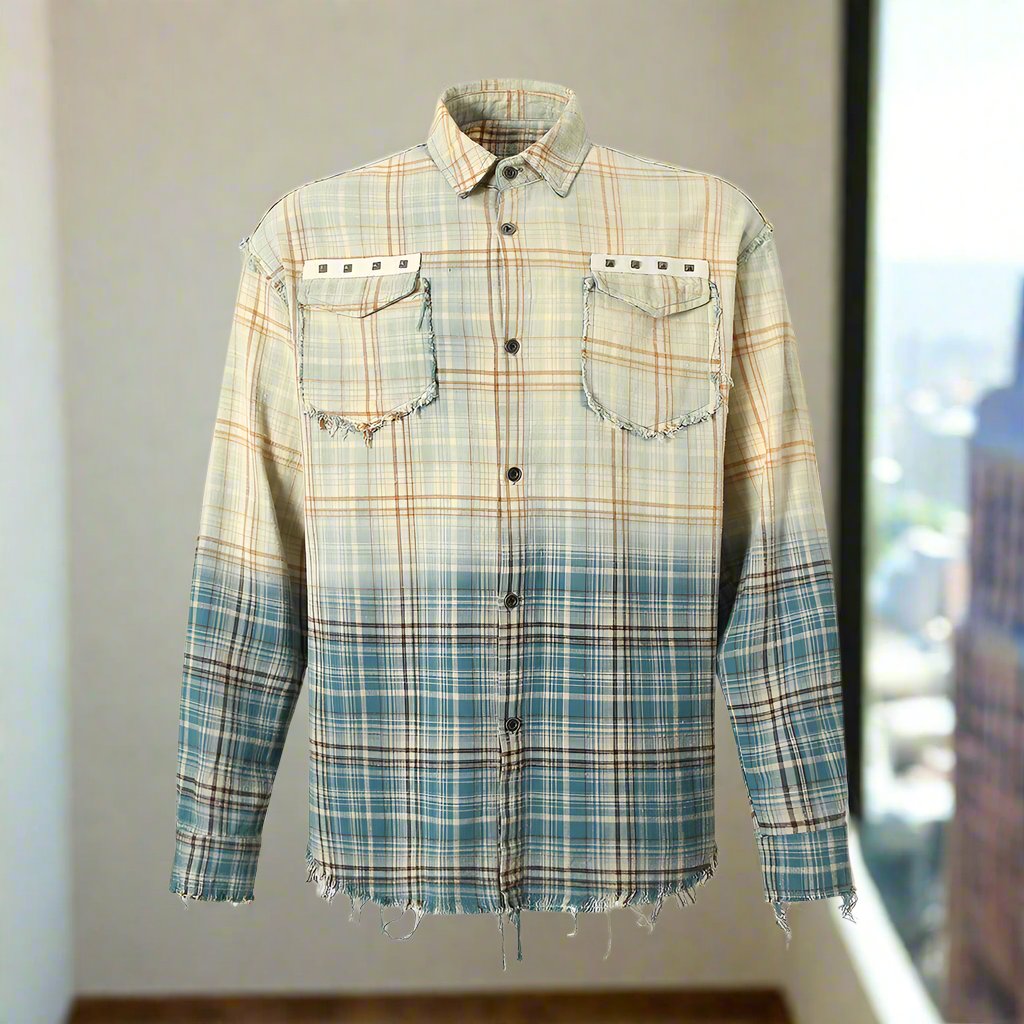 Gradient Tie-dye Plaid Long-sleeved Shirt Men