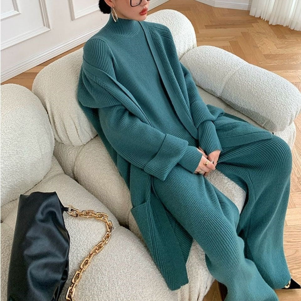 Autumn And Winter Suit Female Celebrity Temperament Turtleneck Sweater Wide Leg Pants Sweater Jacket Slimming Three-Piece Set