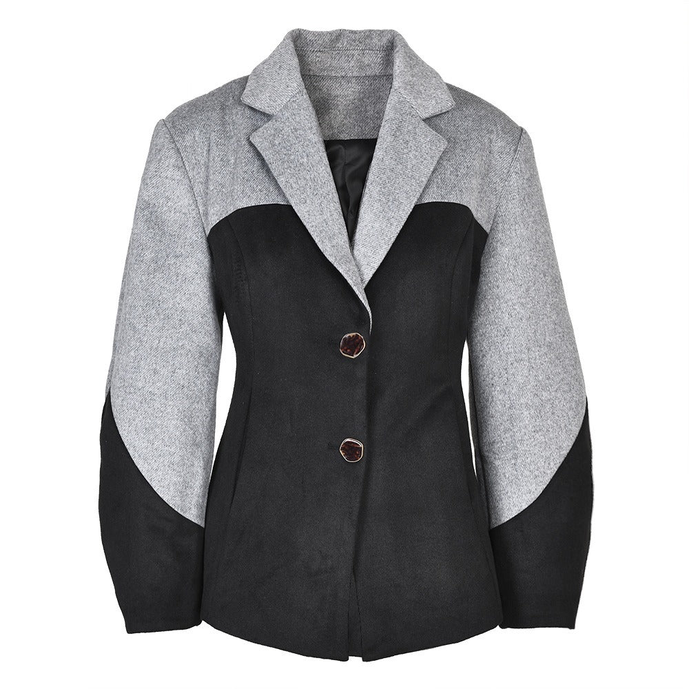 Fashion Women's Woolen Coat Lapel Slim Single Breasted Full Sleeve Spliced Panelled Waist Overcoat