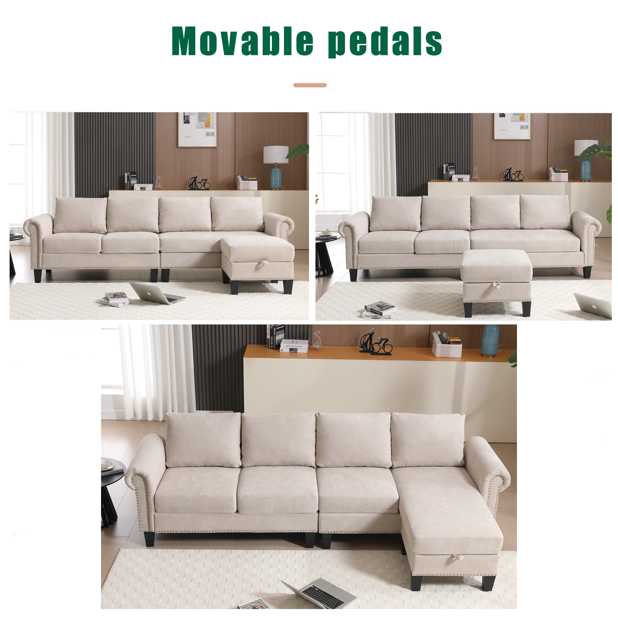 Convertible Sectional Sofa with Storage,L-shaped sofa,Four-seater sofa,Modern Linen Fabric Sectional Couches Beige