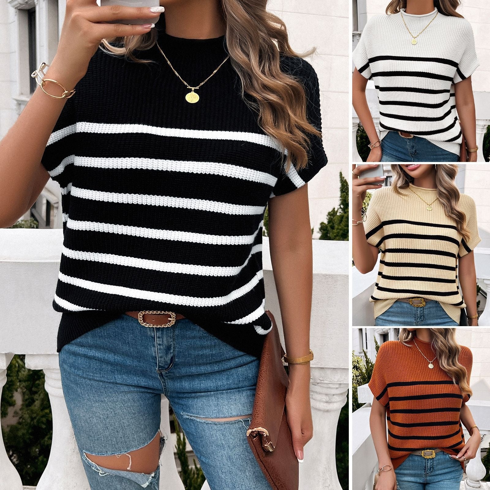 Spring and summer foreign trade women's clothing color contrast temperament pullover short sleeved sweater