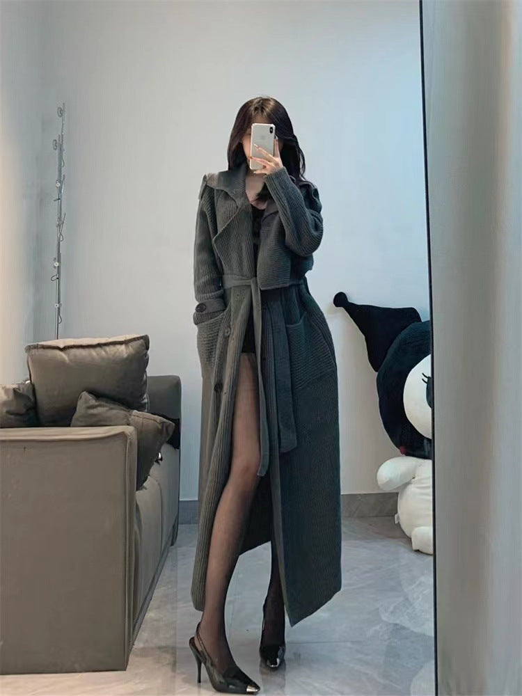 Women's Knitted Cardigan Long Lapel Green Soft Belt Waist Single Breasted Sweater Coat Autumn