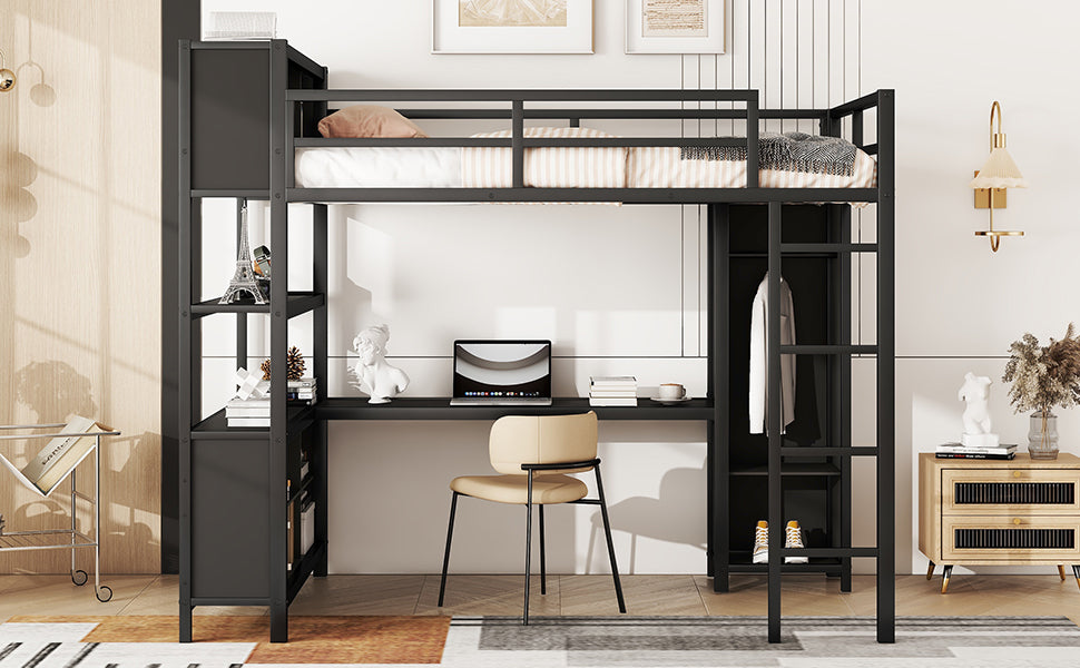 Metal loft bed with wardrobe and L-shaped desk, full-size loft bed with storage cabinet and shelf, heavy-duty loft bed, black