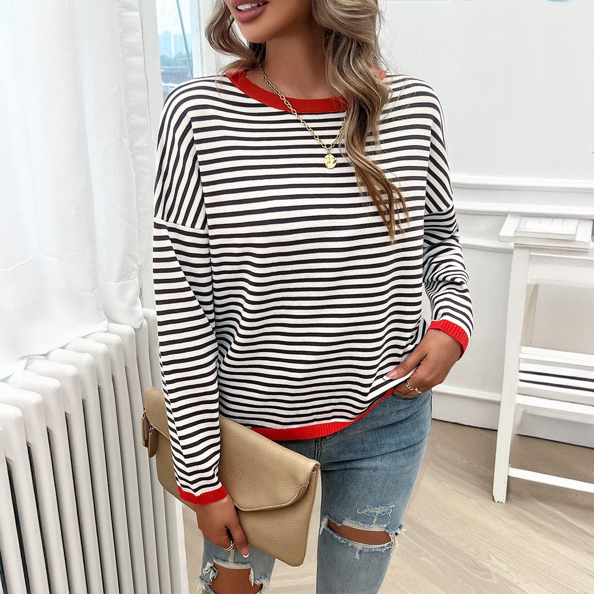 European and American autumn and winter tops, women's temperament, casual round neck striped sweater