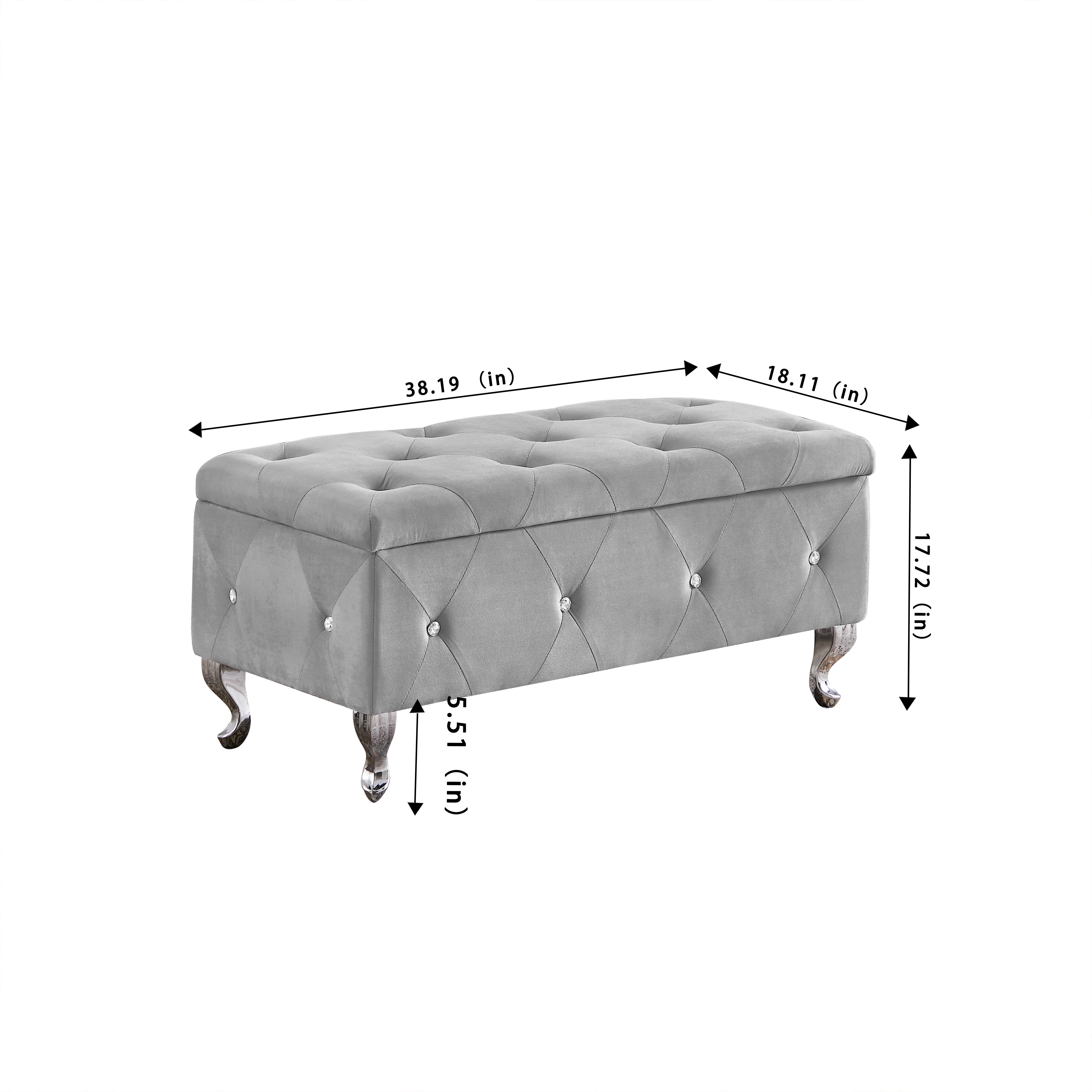 Banc de rangement en velours gris avec siège rembourré