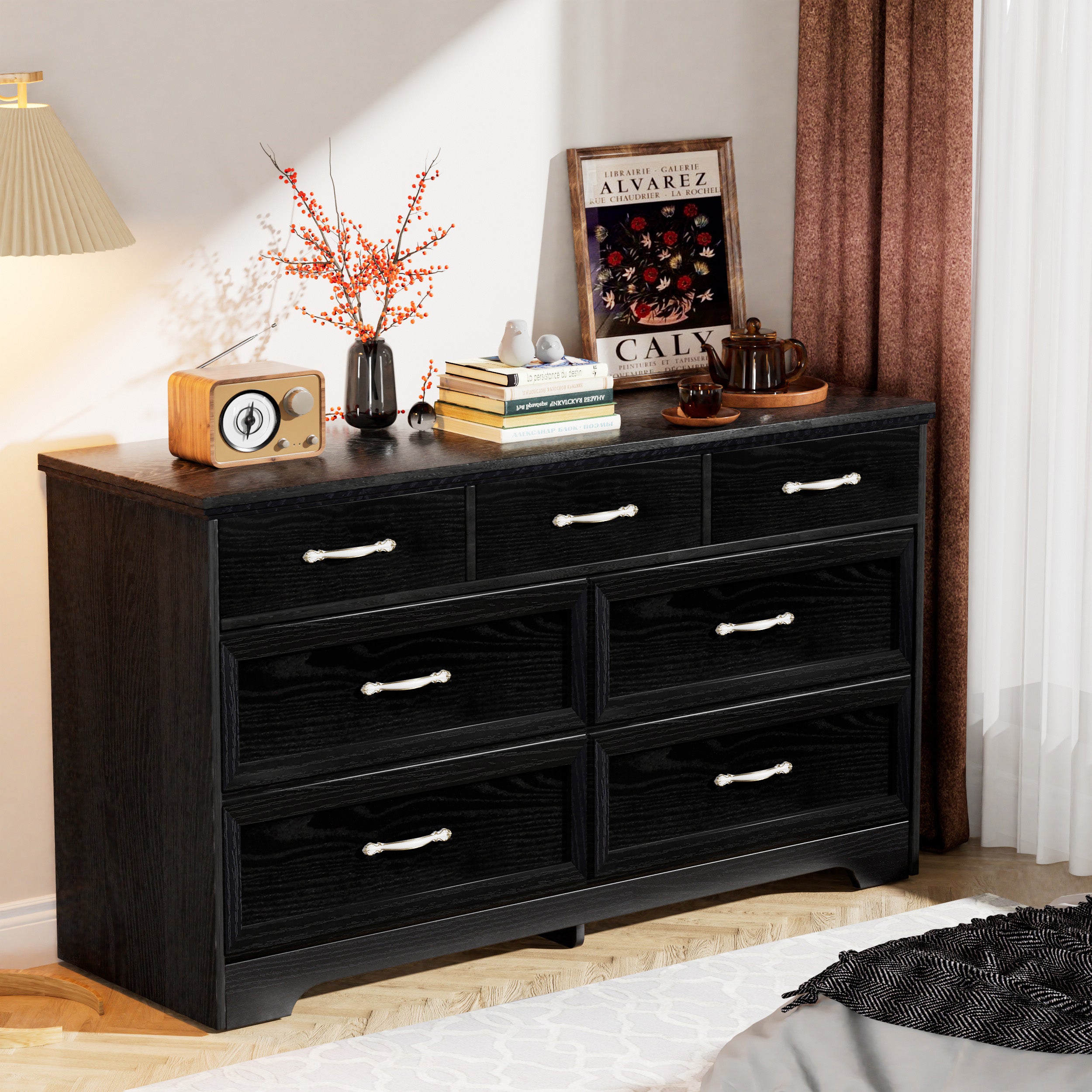 Modern 3 Drawer Bedroom Chest of Drawers with 7 Drawers Dresser, Clothes Organizer -Metal Pulls Black, 47.6″L x 15.7″W x 26.6″H