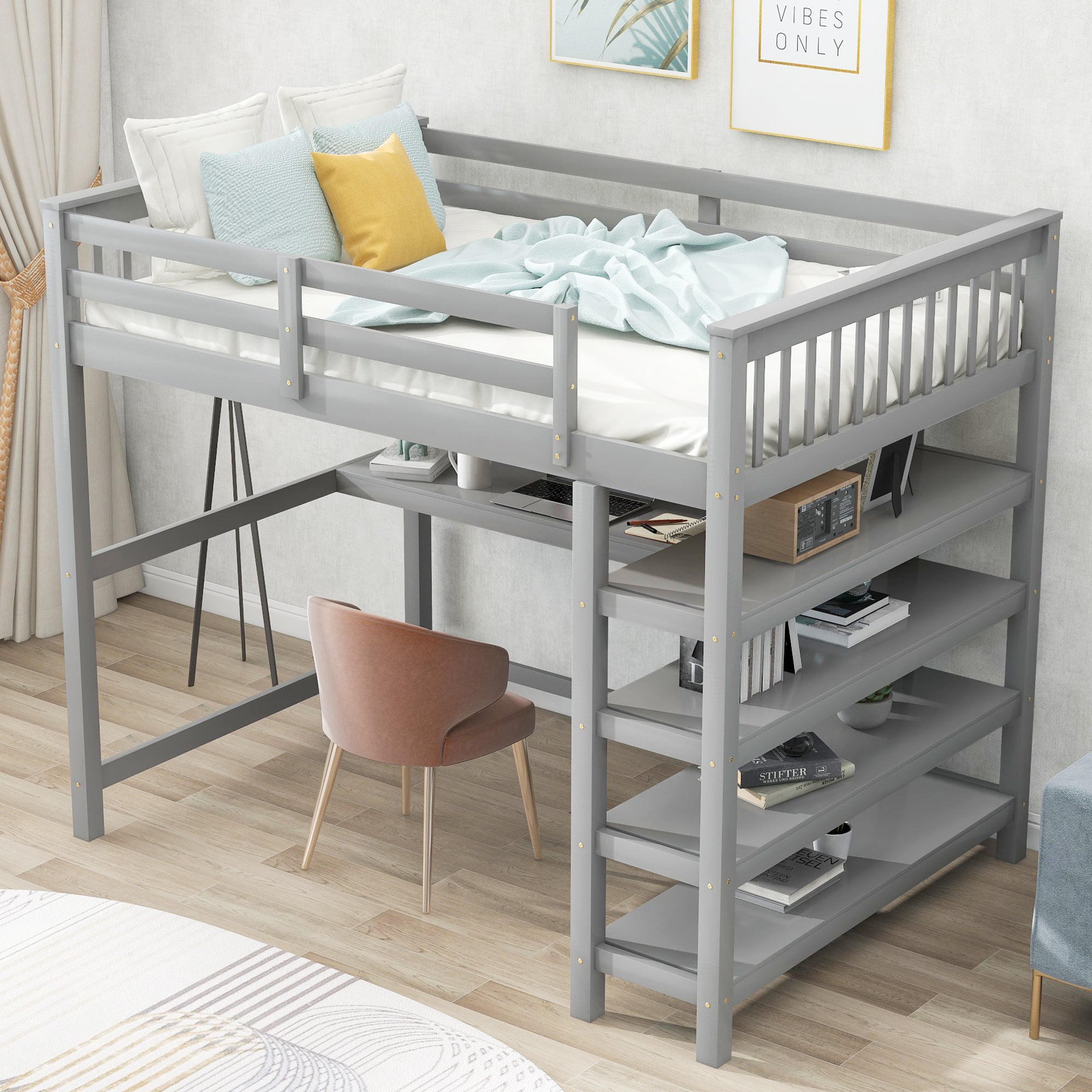 Full Size Loft Bed with Storage Shelves and Under-bed Desk, Gray