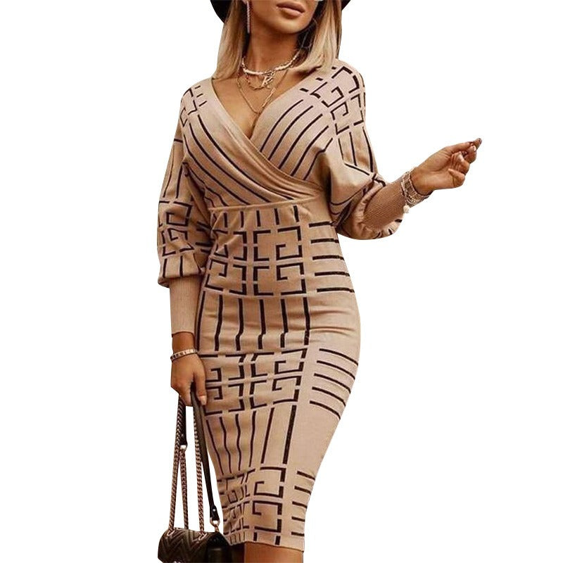 V-neck Geometric Bodycon Sweater Dress