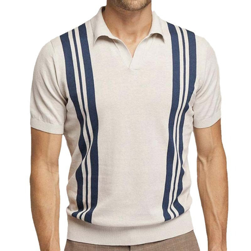 Striped short sleeved knit sweater slim fit lapel casual polo shirt