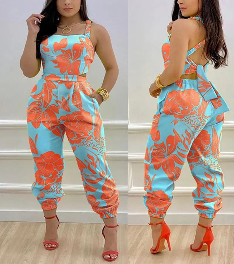 New European and American Open Back Cross Lace Up Bow Print Casual Jumpsuit