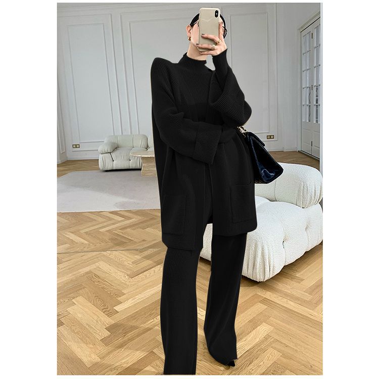 Autumn And Winter Suit Female Celebrity Temperament Turtleneck Sweater Wide Leg Pants Sweater Jacket Slimming Three-Piece Set