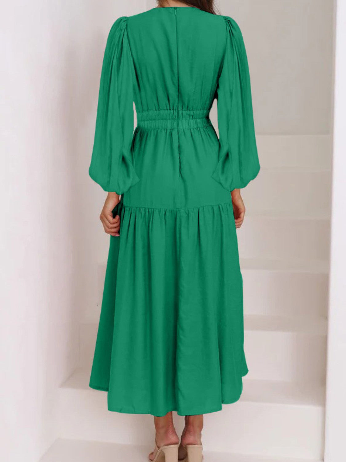 Deep V-Neck Balloon Sleeve Plain Maxi Dress