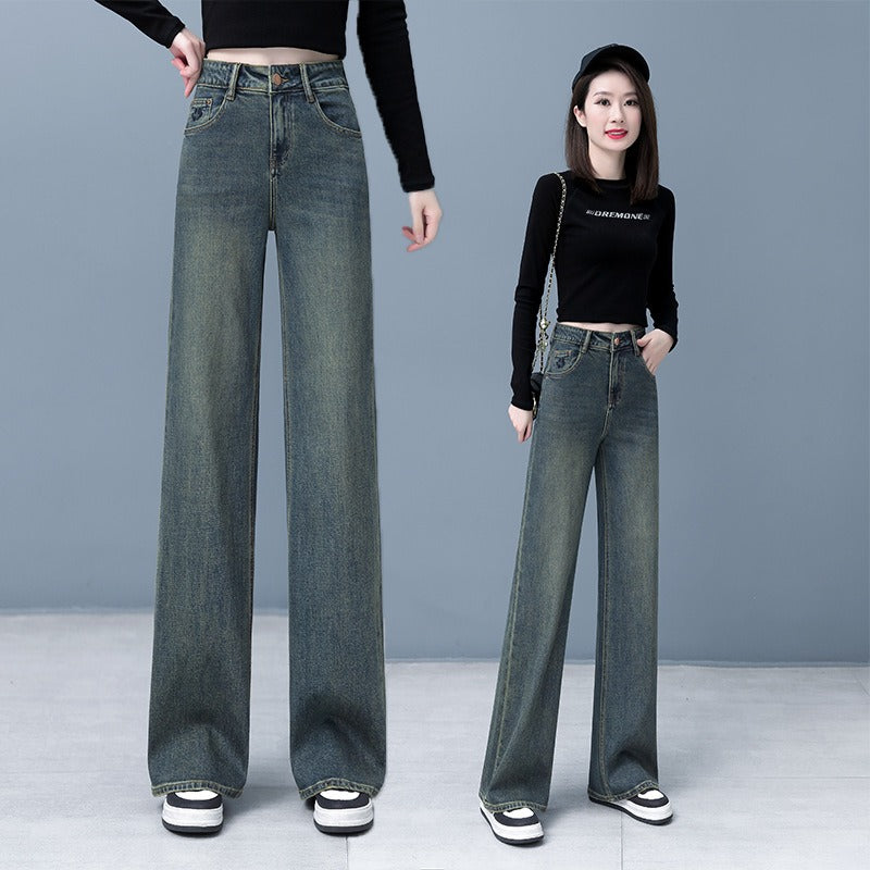 Cement gray straight tube jeans for women's spring and autumn new vintage high waisted slim casual narrow version wide leg pants