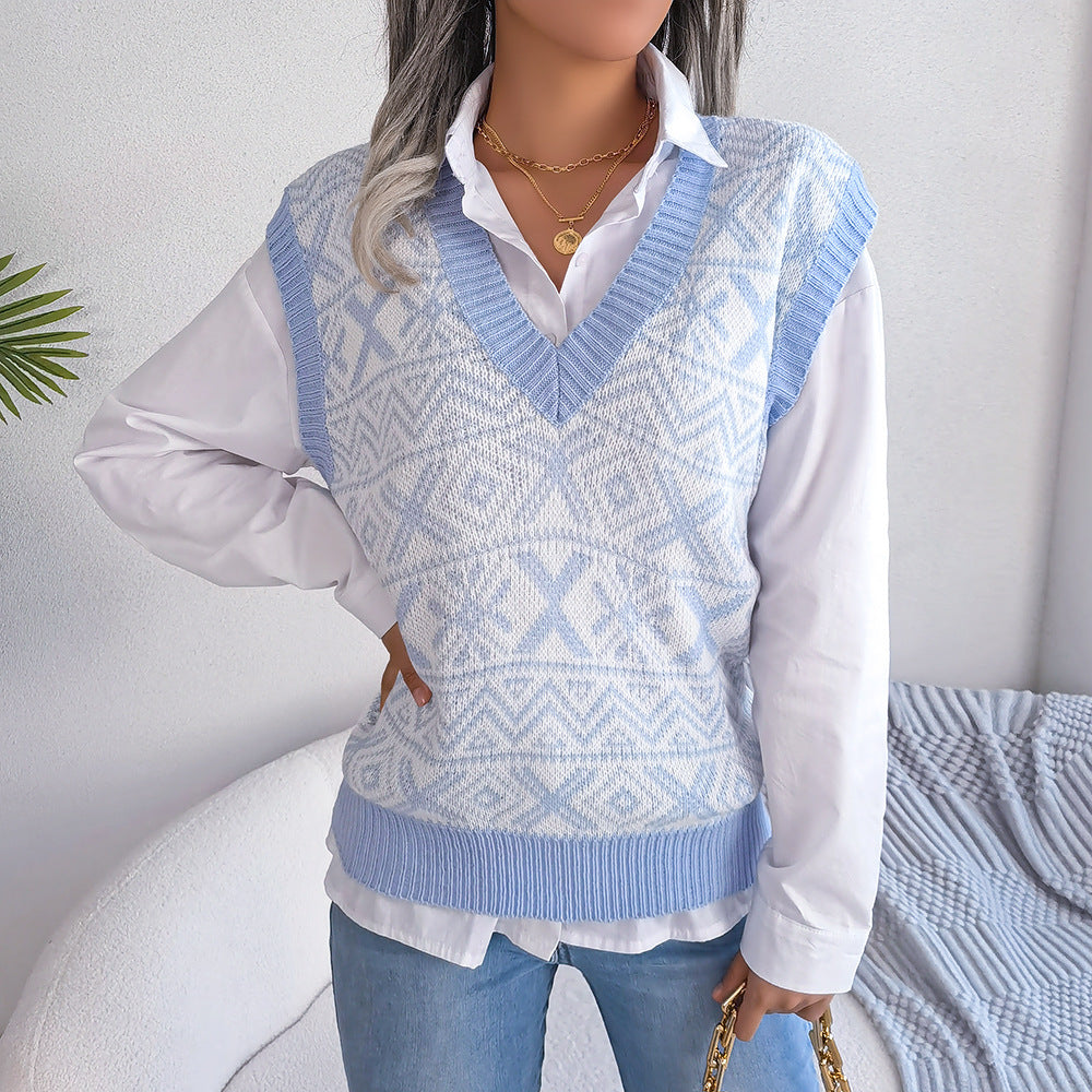 Autumn Winter Christmas Snowflake V-Neck Knitted Vest Sweater