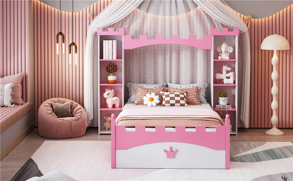 Castle-Shaped Wooden Bed with Storage Shelf, Dreamy Twin Size Platform Bed for Kids Bedroom, White + Pink