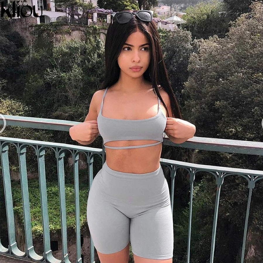 Women Suit Two 2 Piece Set Sleeveless Strapless Sexy Casual Sporting Suit Set Solid Shorts Pants Tracksuit