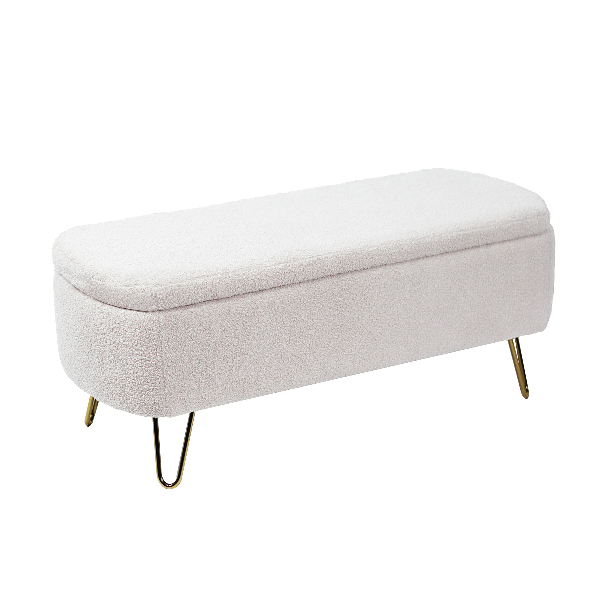 Ivory White Storage Ottoman Bench for End of Bed Gold Legs