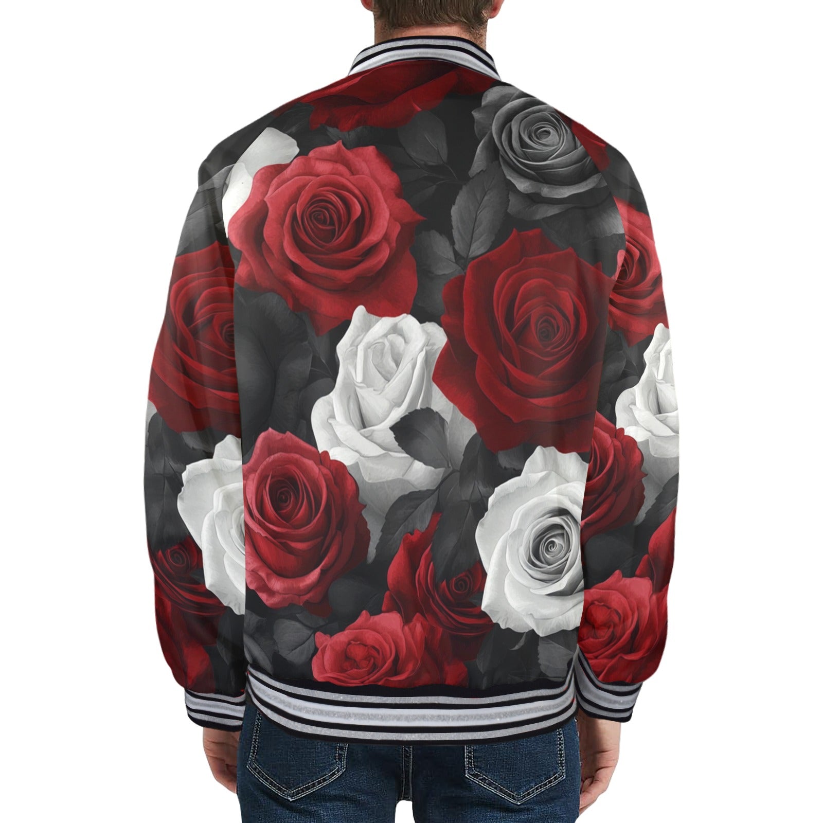 QREATRZ Roses Men's Limited Edition Striped Trim Bomber Jacket