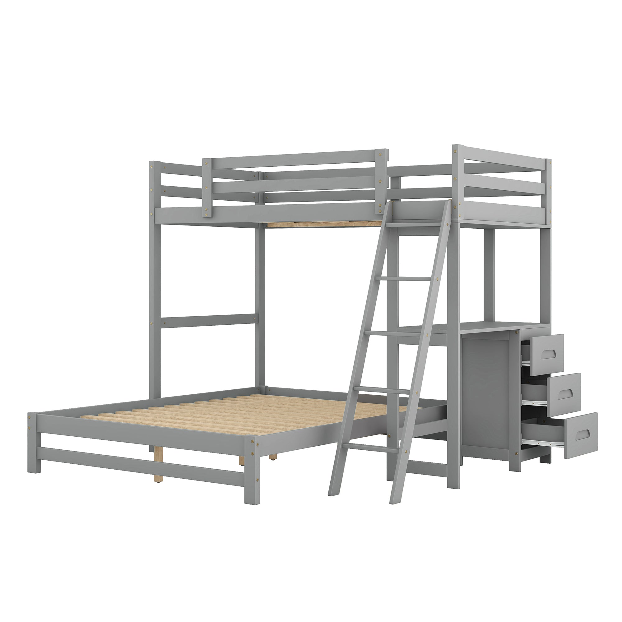 Twin over Full Bunk Bed with Built-in Desk and Three Drawers Grey