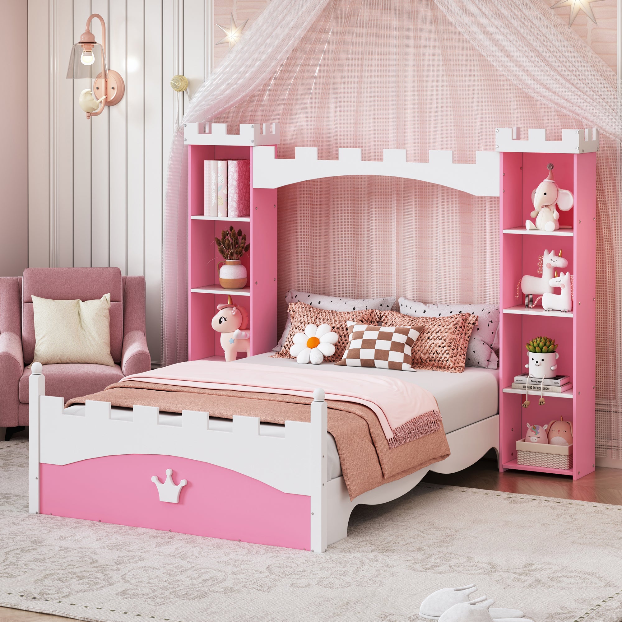 Lit en bois en forme de château avec étagère de rangement, lit plateforme double de rêve pour chambre d'enfant, rose + blanc