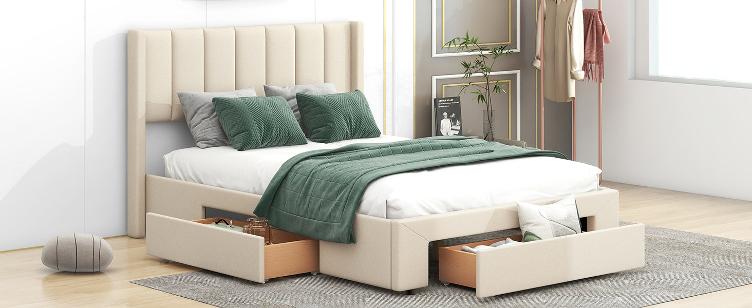 Full Size Upholstered Platform Bed with One Large Drawer in the Footboard and Drawer on Each Side Beige