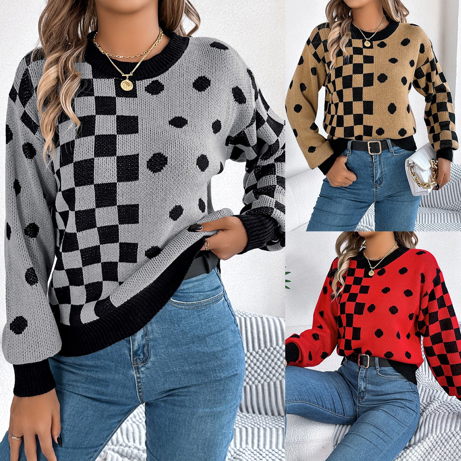 Casual contrasting polka dot checkered lantern sleeve sweater