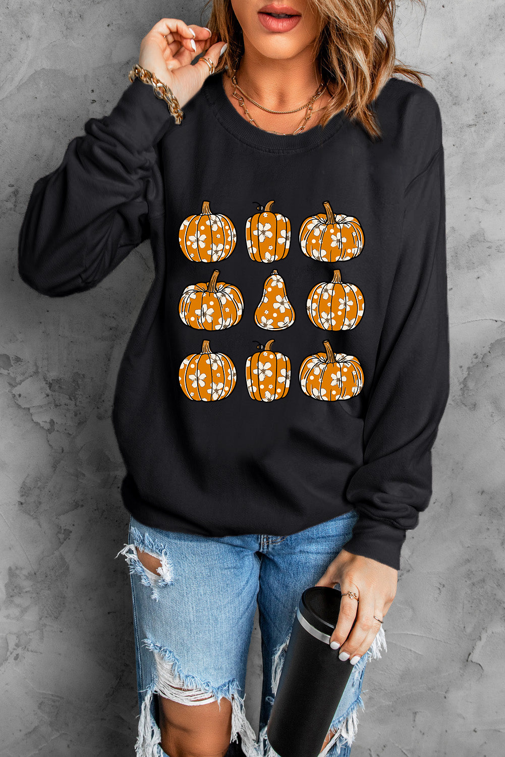 Sudadera de manga larga y cuello redondo con diseño de calabaza