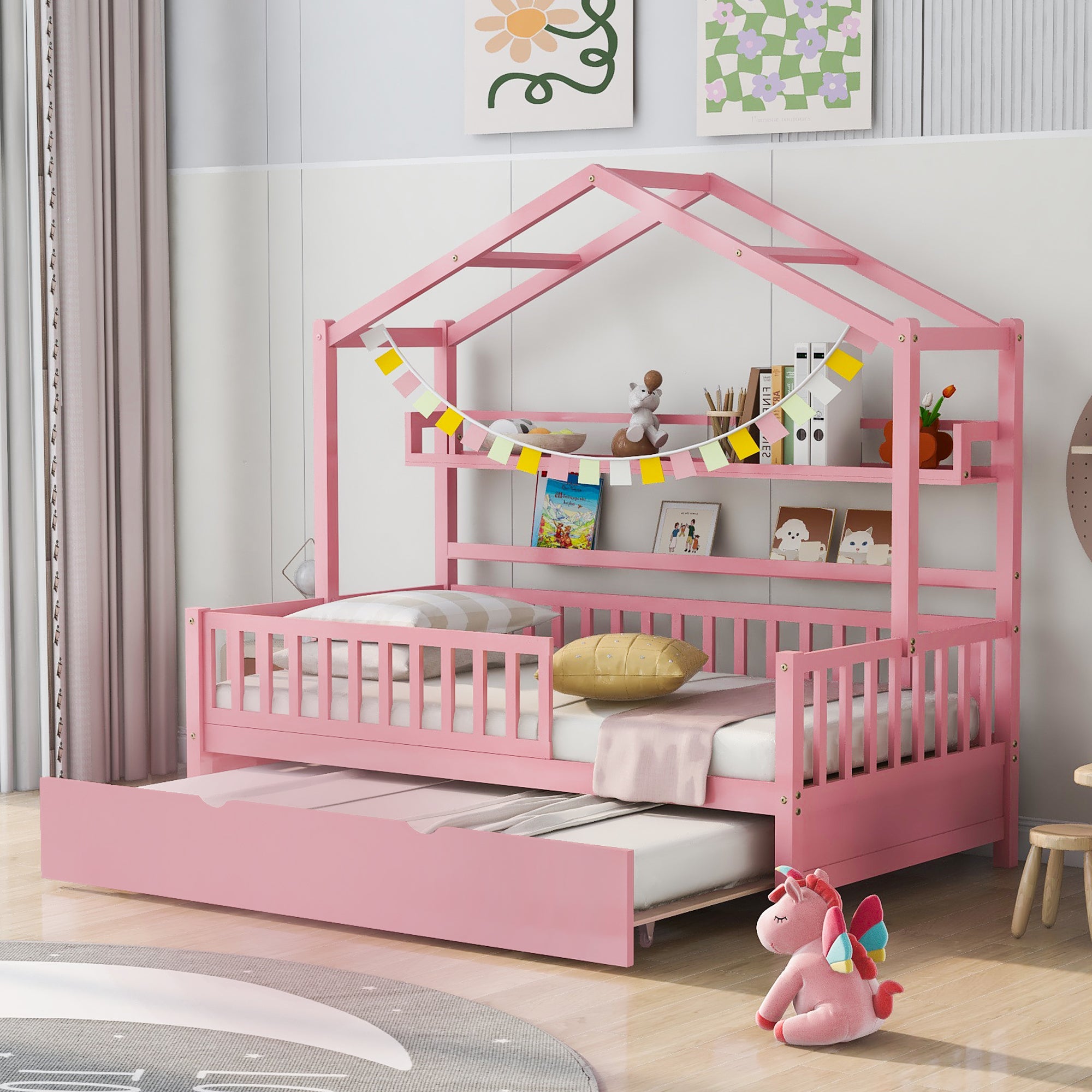 Cama nido de madera tamaño queen para niños con estante en color rosa