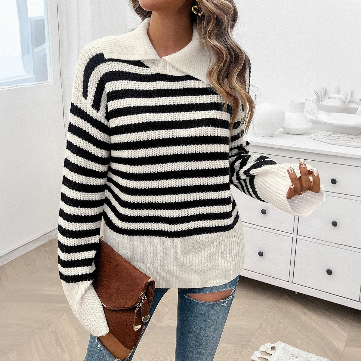 European and American autumn and winter top women's casual loose collar striped long sleeved sweater for women