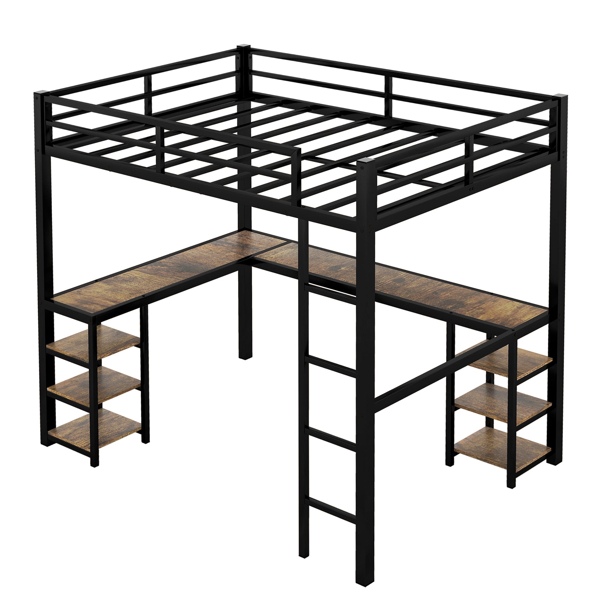 Full metal loft bed with desk and shelf, loft bed with ladder and guardrail, black with retro wood desk