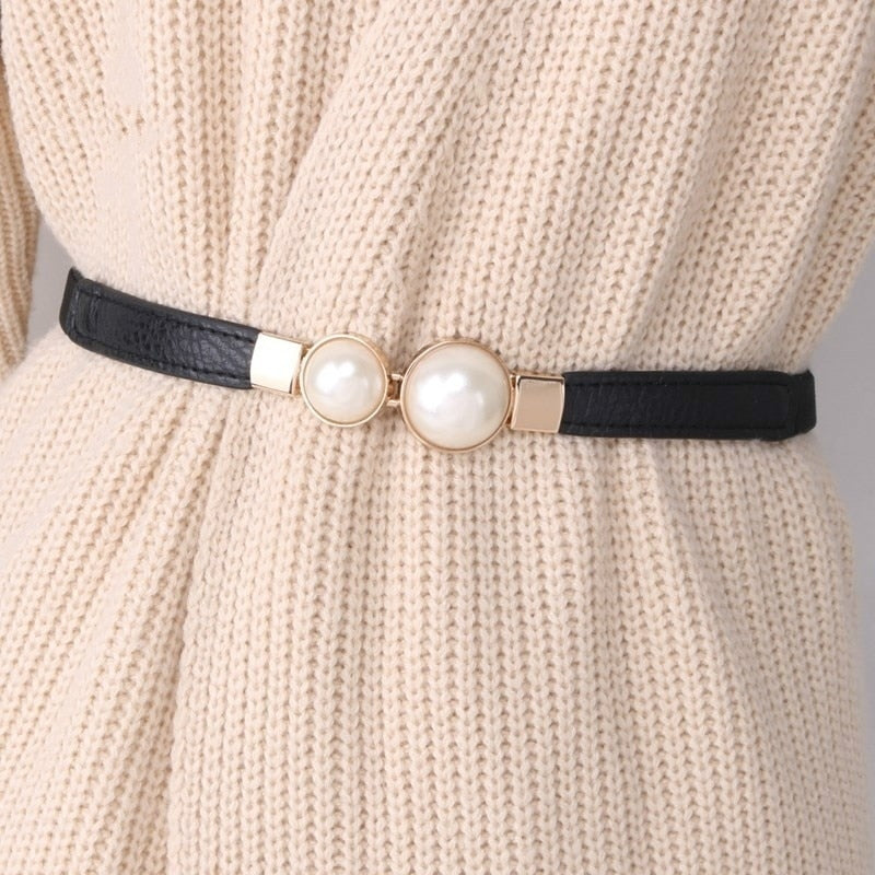 Cinturón de doble perla para mujer, de piel sintética, para vestido, falda, cintura elástica, fino, para mujer 