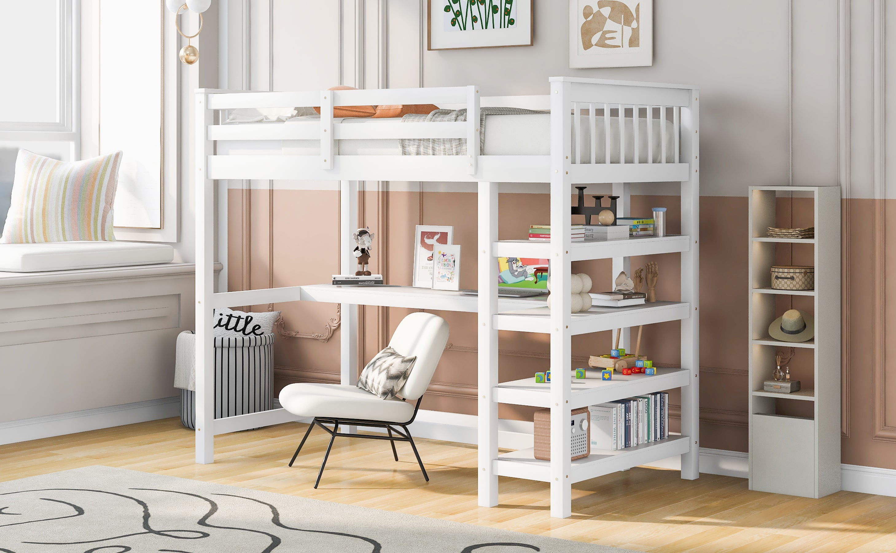 Twin Size Loft Bed with Storage Shelves and Under-bed Desk  White