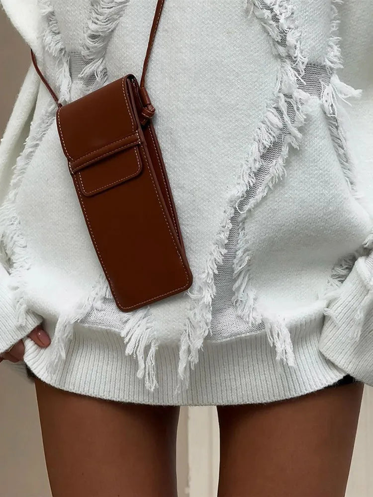 Suéter de retazos con borlas irregulares blancas a la moda para mujer, suéter elegante de cuello redondo y mangas largas, jersey holgado, ropa de calle para mujer