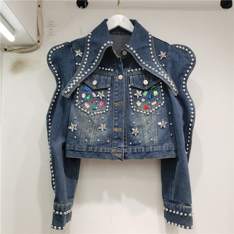 Spring Women Rivet Beaded Diamonds Slim Short Jeans Jacket Lapel Long Sleeve Single-breasted Blue Black Denim Jackets Streetwear