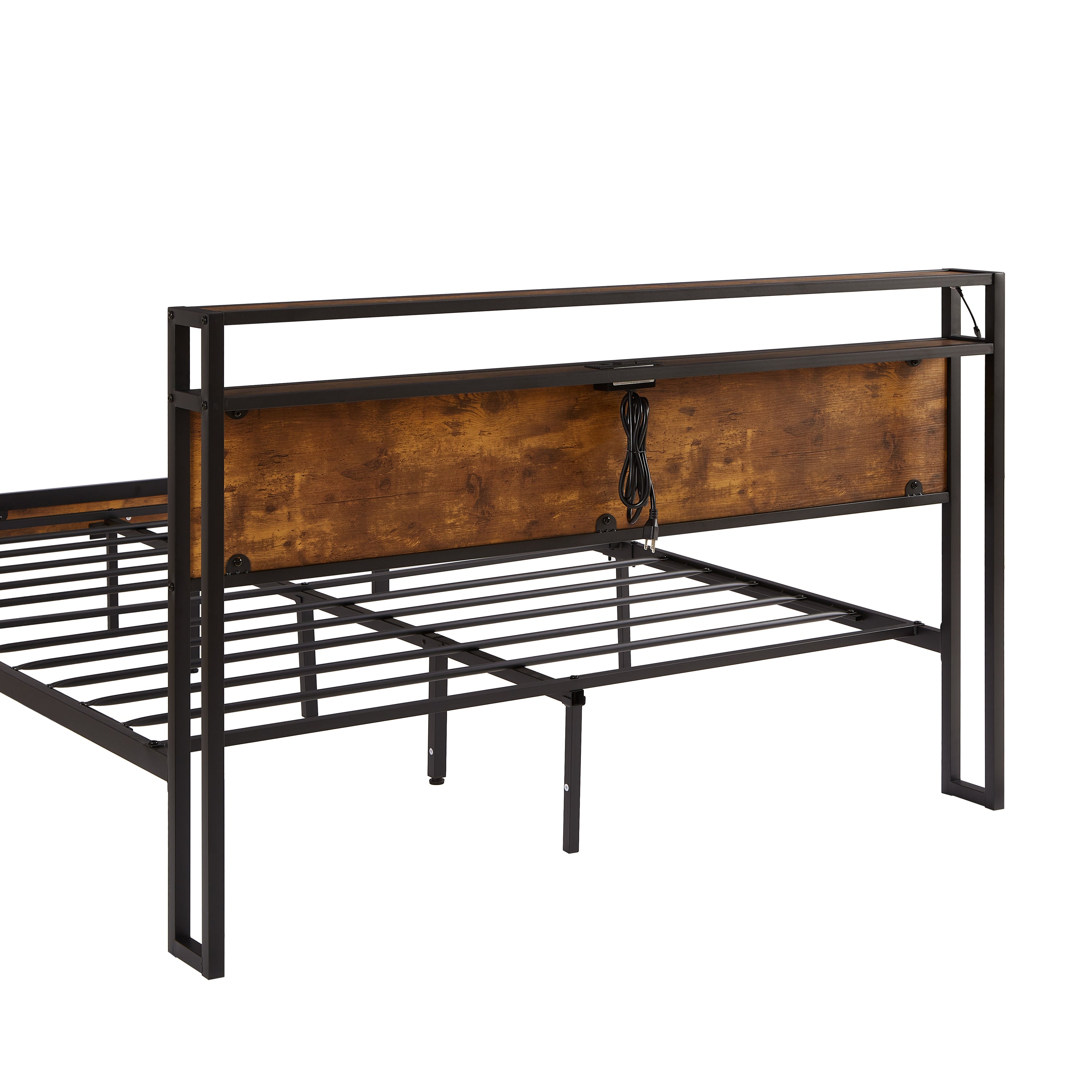 Large metal platform bed frame with wooden headboard and footboard with USB LINER and LED lights