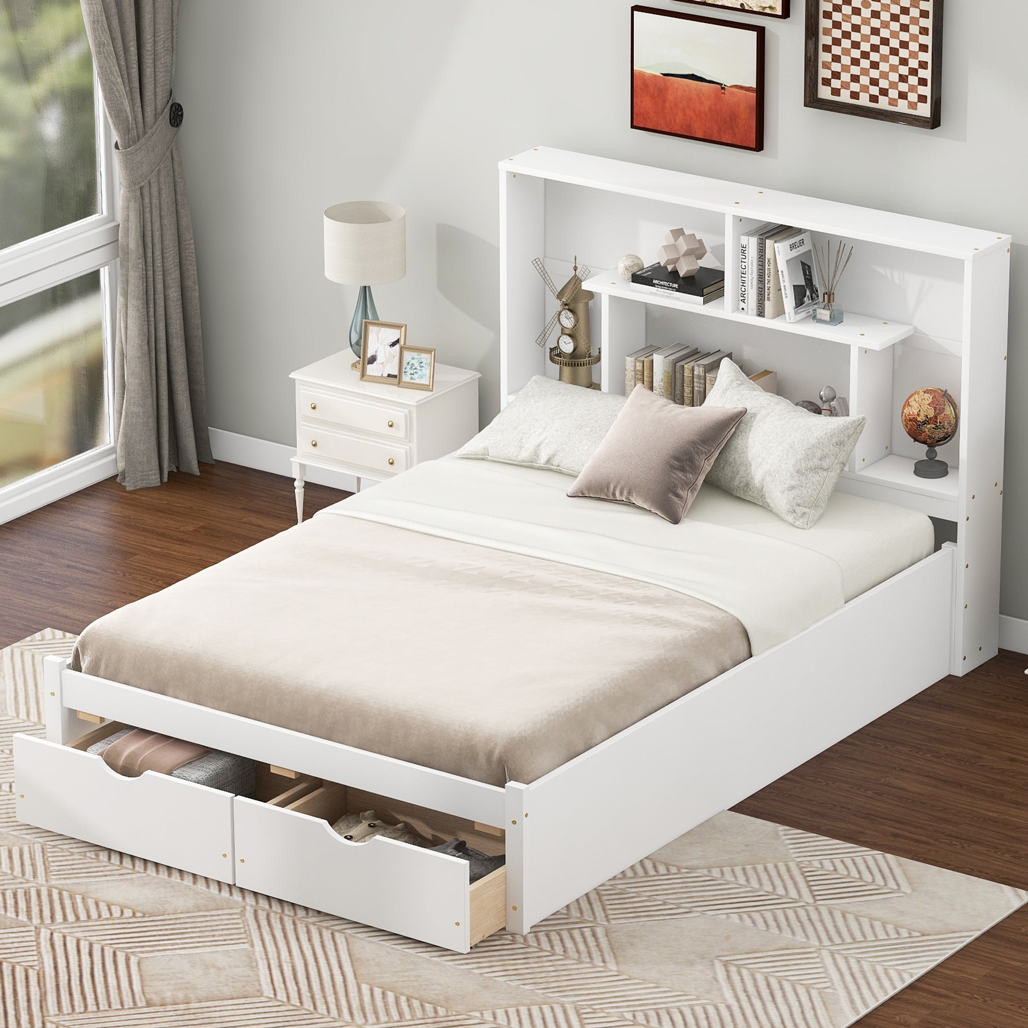 Cama de plataforma de tamaño completo con cabecera con espacio de almacenamiento y 2 cajones, color blanco