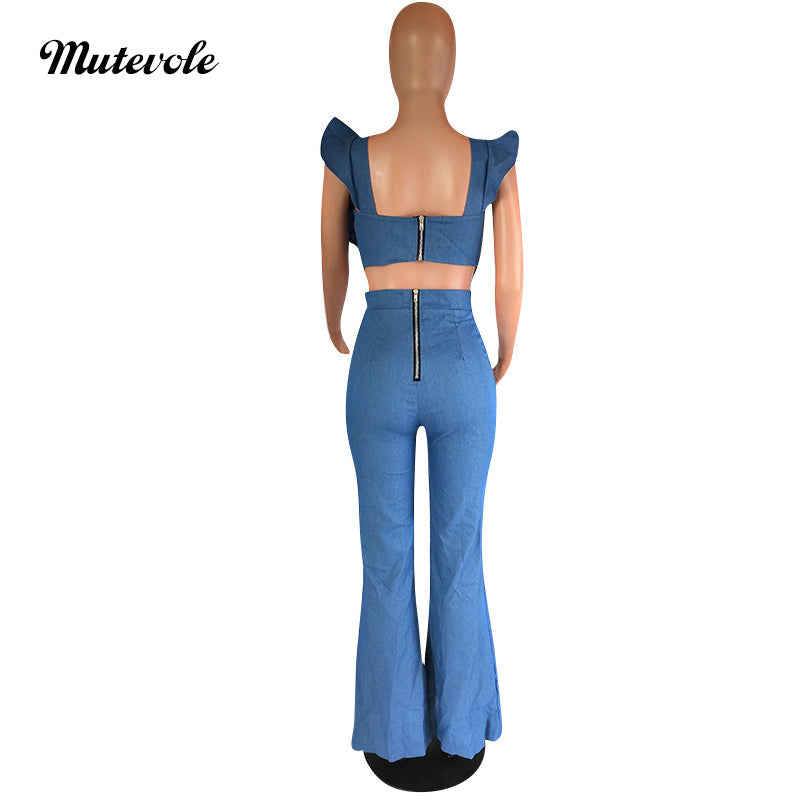 Casual Bodycon Sleeveless Jean Jumpsuits Women Summer Back Zipper Ruffle Jumpsuits Sexy Backless Denim Jeans Jumpsuit