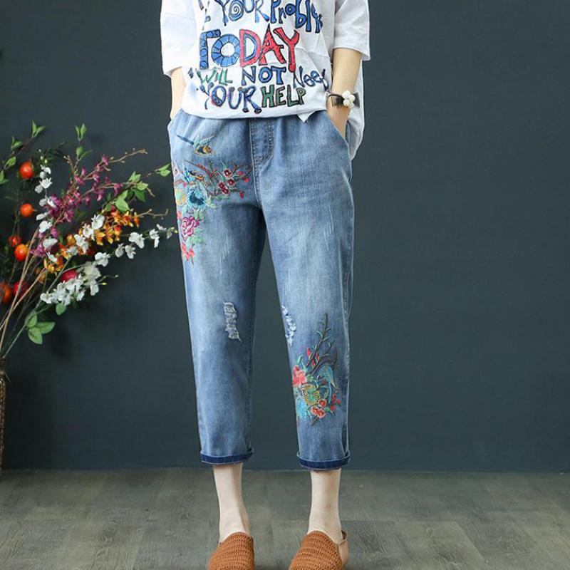 Summer Womens Jeans Denim Retro Embroidery Drawstring Holes Loose Comfort Casual Cowboy Female Seven Plus Size Women pants