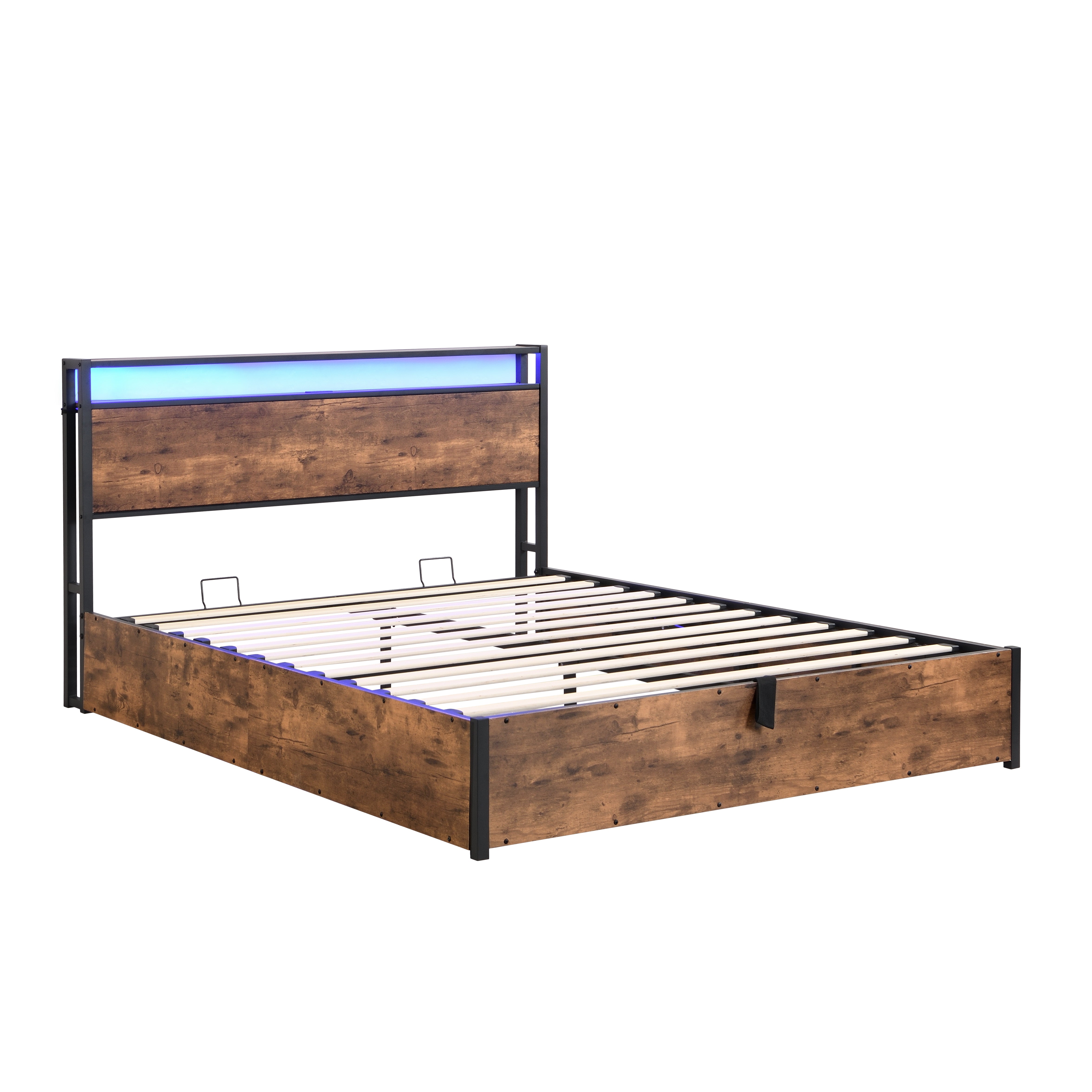 Elevating storage bed frame, full-size bed frame with bookshelf headboard and LED lights, with country brown color