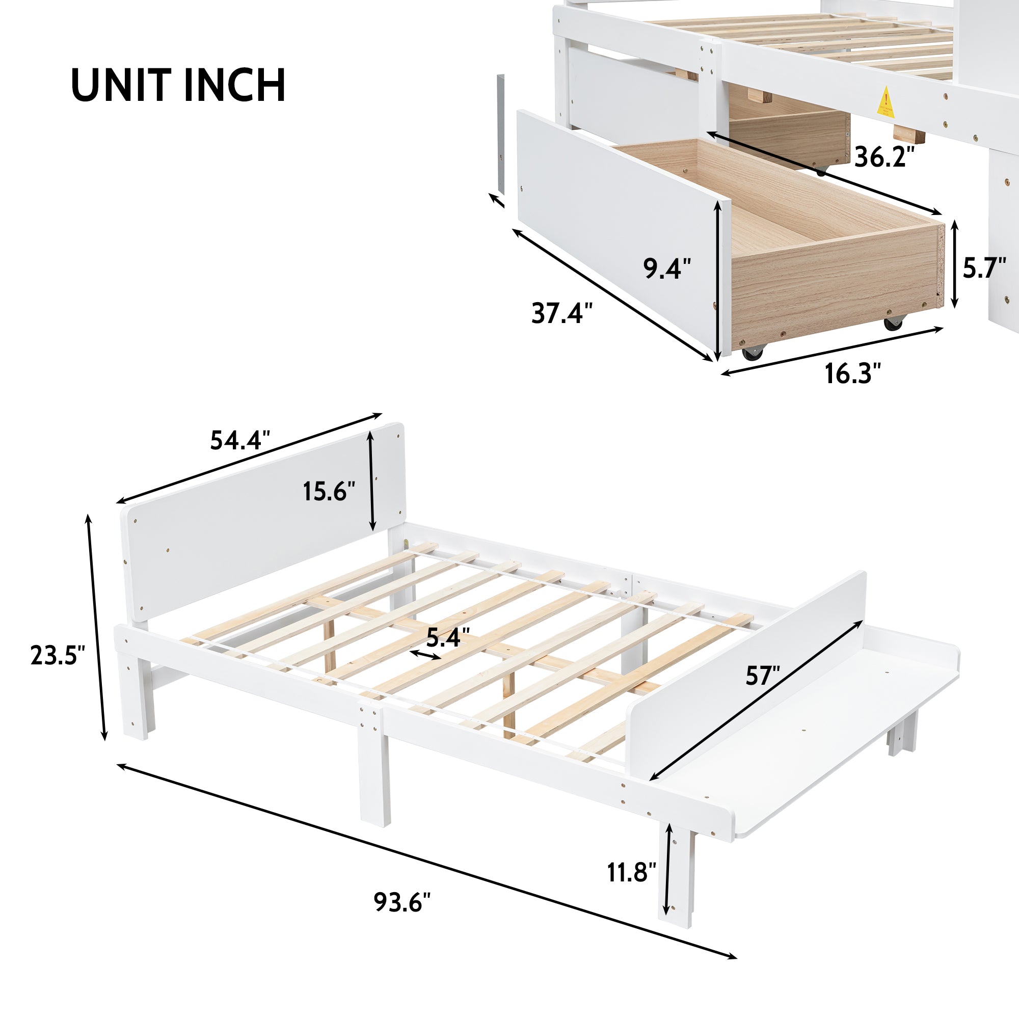 Full Bed with Footboard Bench 2 drawers White