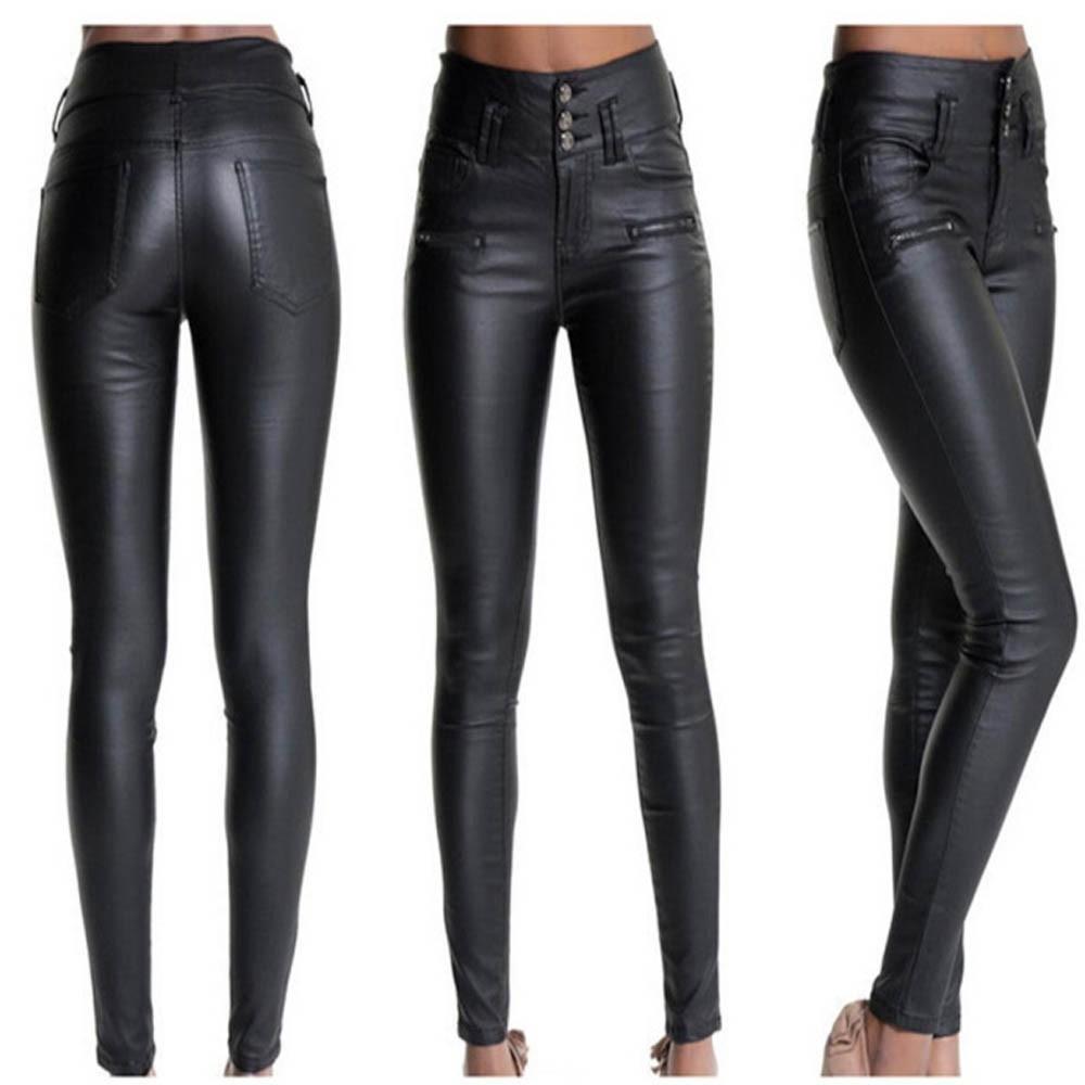 Women stretchy faux leather pants, skinny high waist