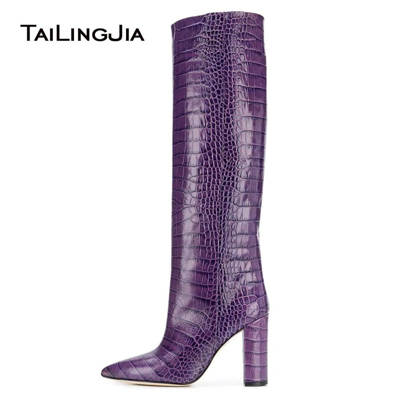 Bottes hautes blanches pour femmes, bottes violettes en relief de crocodile, talons hauts, bottes longues à enfiler, chaussures d'hiver jaunes pour dames