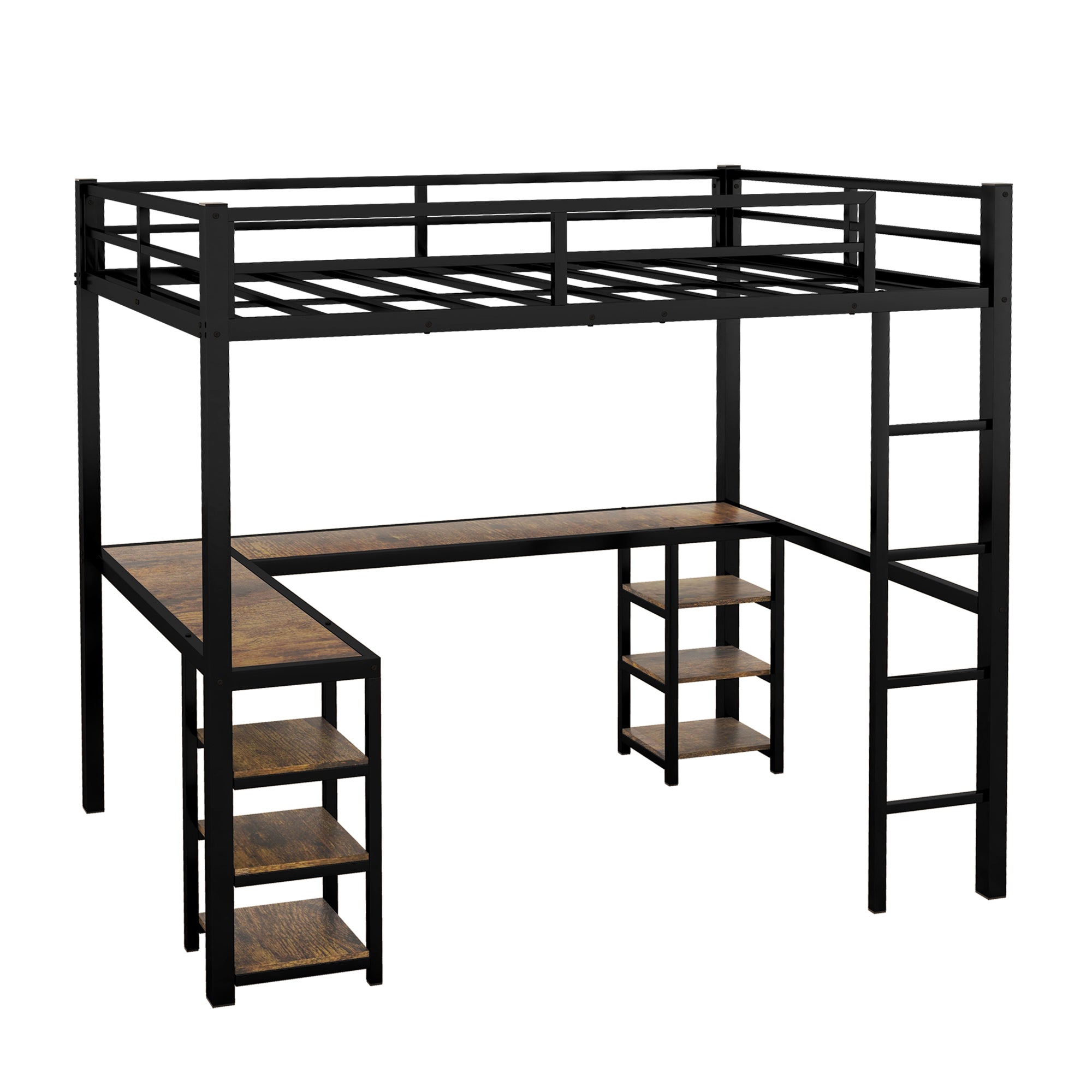 Full metal loft bed with desk and shelf, loft bed with ladder and guardrail, black with retro wood desk