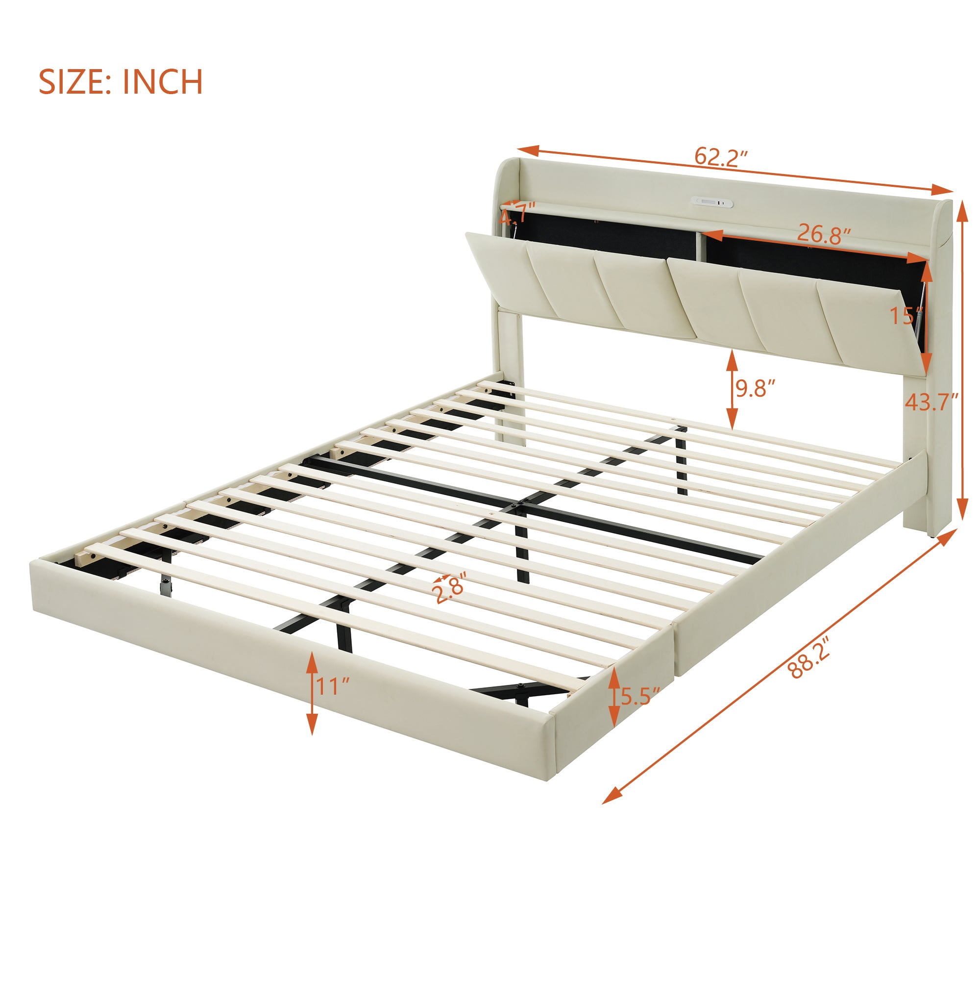 Large floating bed frame with storage headboard, touch sensor, night light and USB charger, padded platform bed, beige color