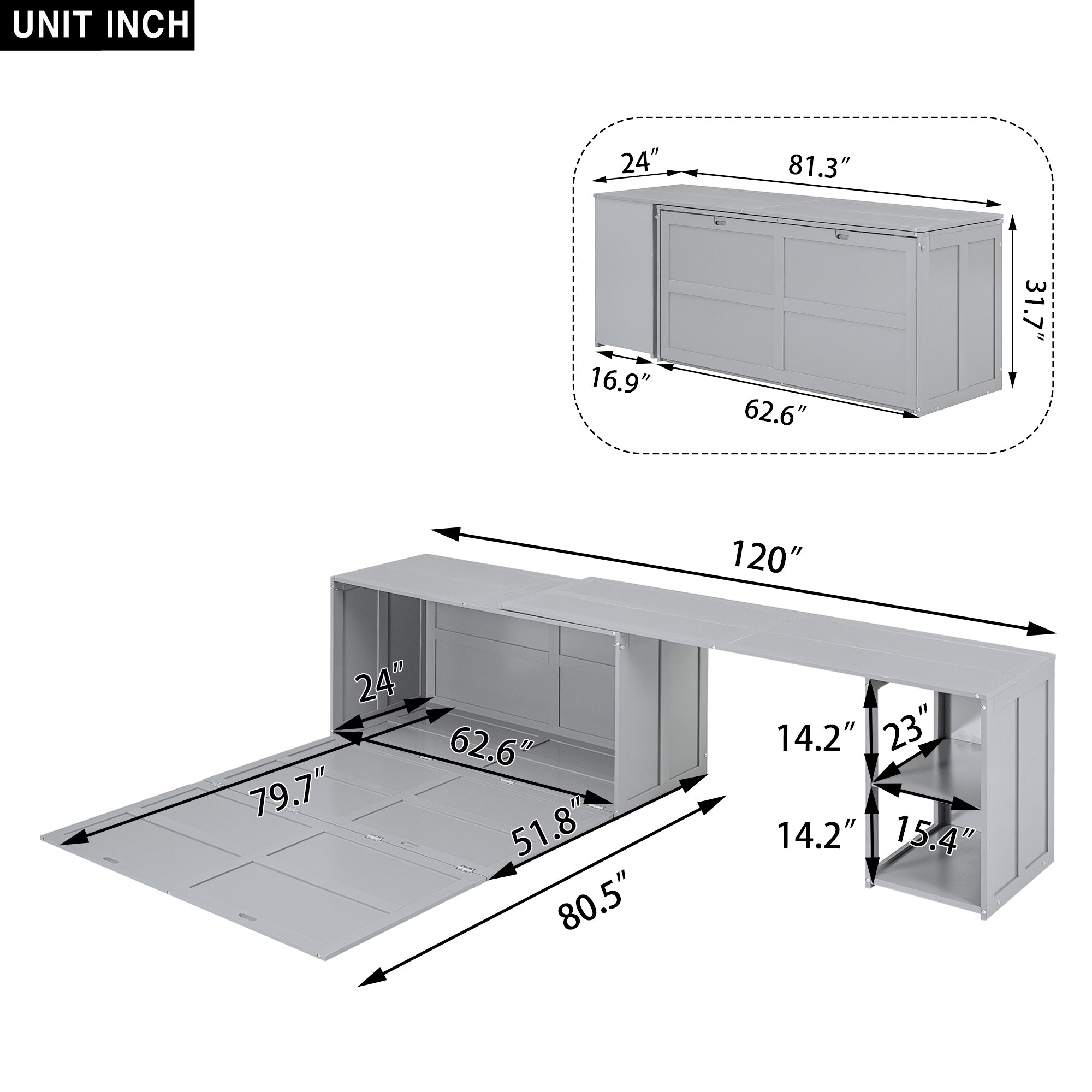 Queen Size Murphy Bed with Rotable Desk  Gray