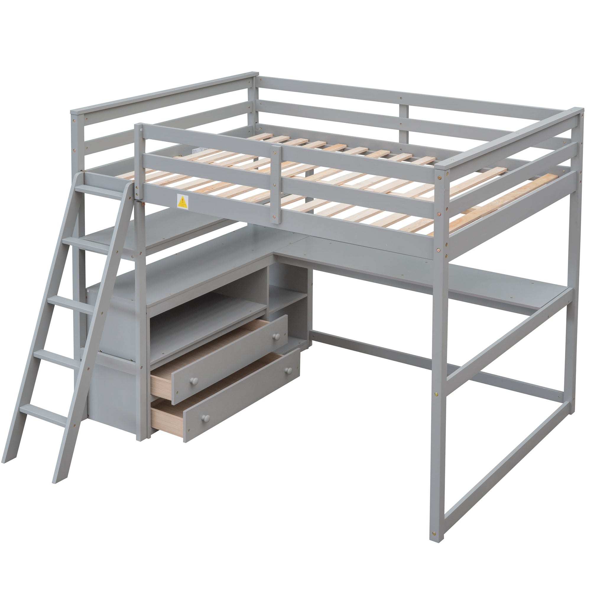 Full Size Loft Bed with Desk and Shelves,Two Built-in Drawers Gray