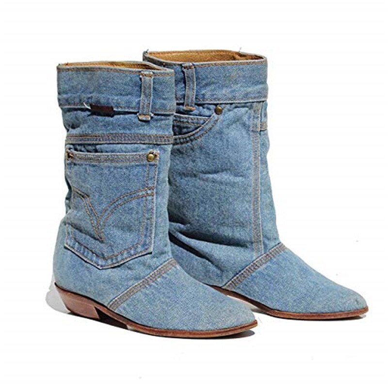 Low Heel Denim Casual Denim Boot Ladies Autumn Winter Cowboy Boots